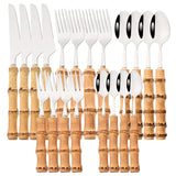 Elegant Bamboo Handle Stainless Steel Cutlery Set - 20Pcs