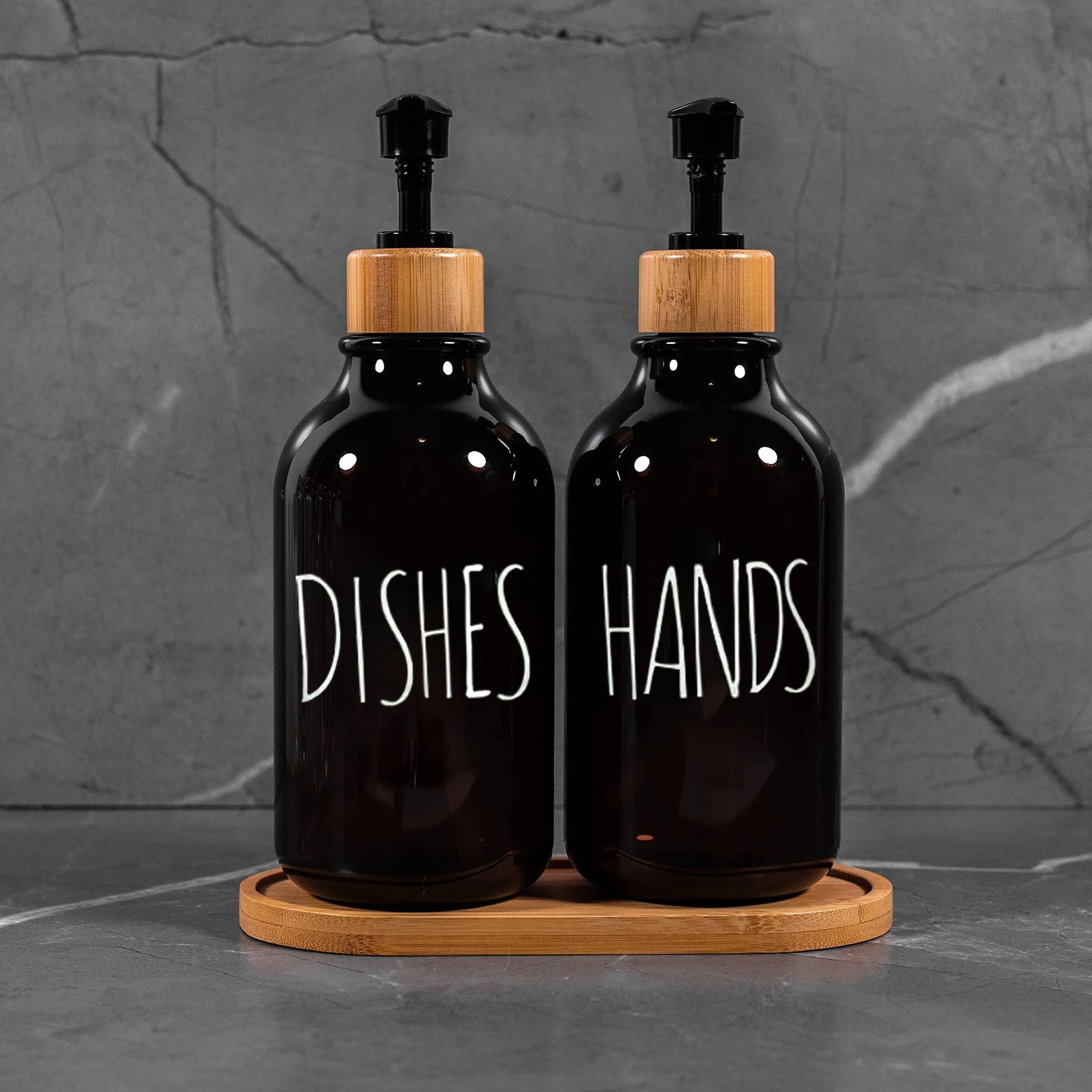 Elegant Amber Soap Dispenser Set with Bamboo Accents