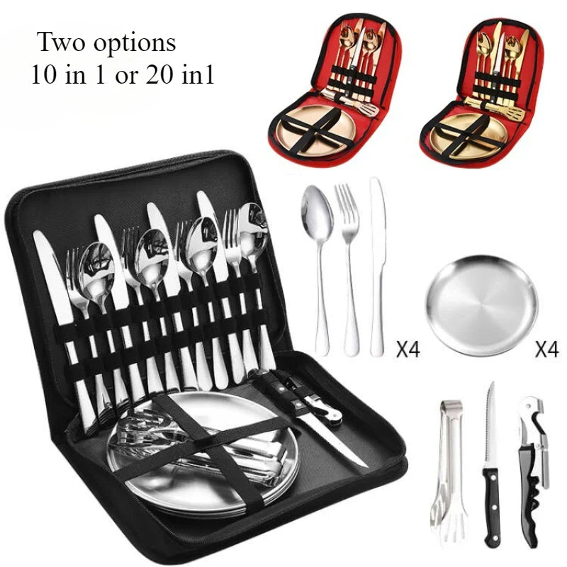 Elegant Stainless Steel Outdoor Tableware Set - 10in1 & 20in1 Options