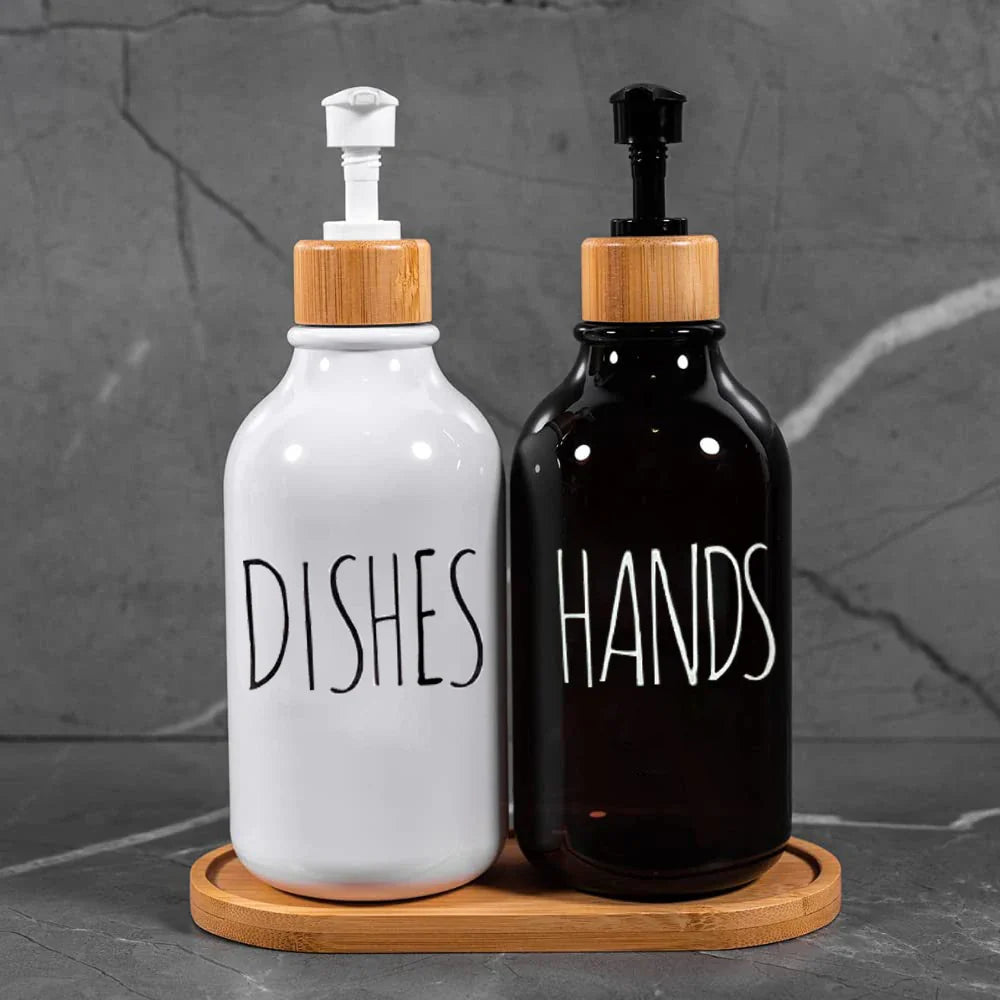 Elegant Amber Soap Dispenser Set with Bamboo Accents