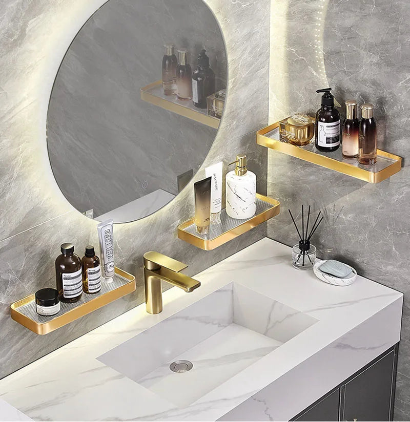 Elegant Brushed Gold Bathroom Shelf – Wall-Mounted Luxury