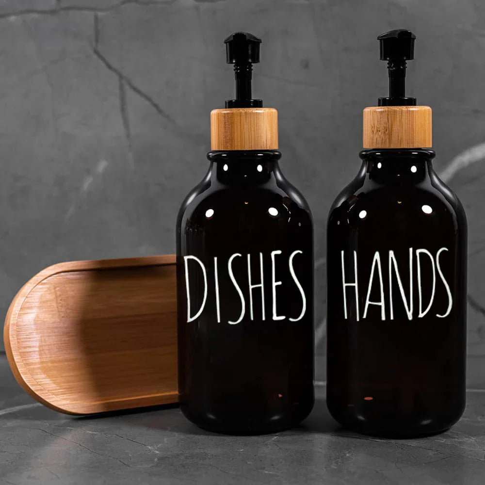 Elegant Amber Soap Dispenser Set with Bamboo Accents