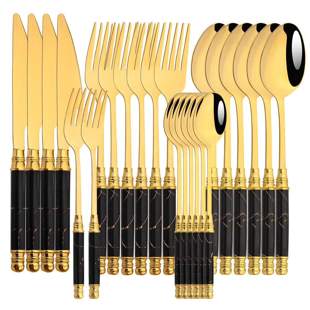 Elegant Gold Stainless Steel Cutlery Set - 30Pcs Ceramic Handle