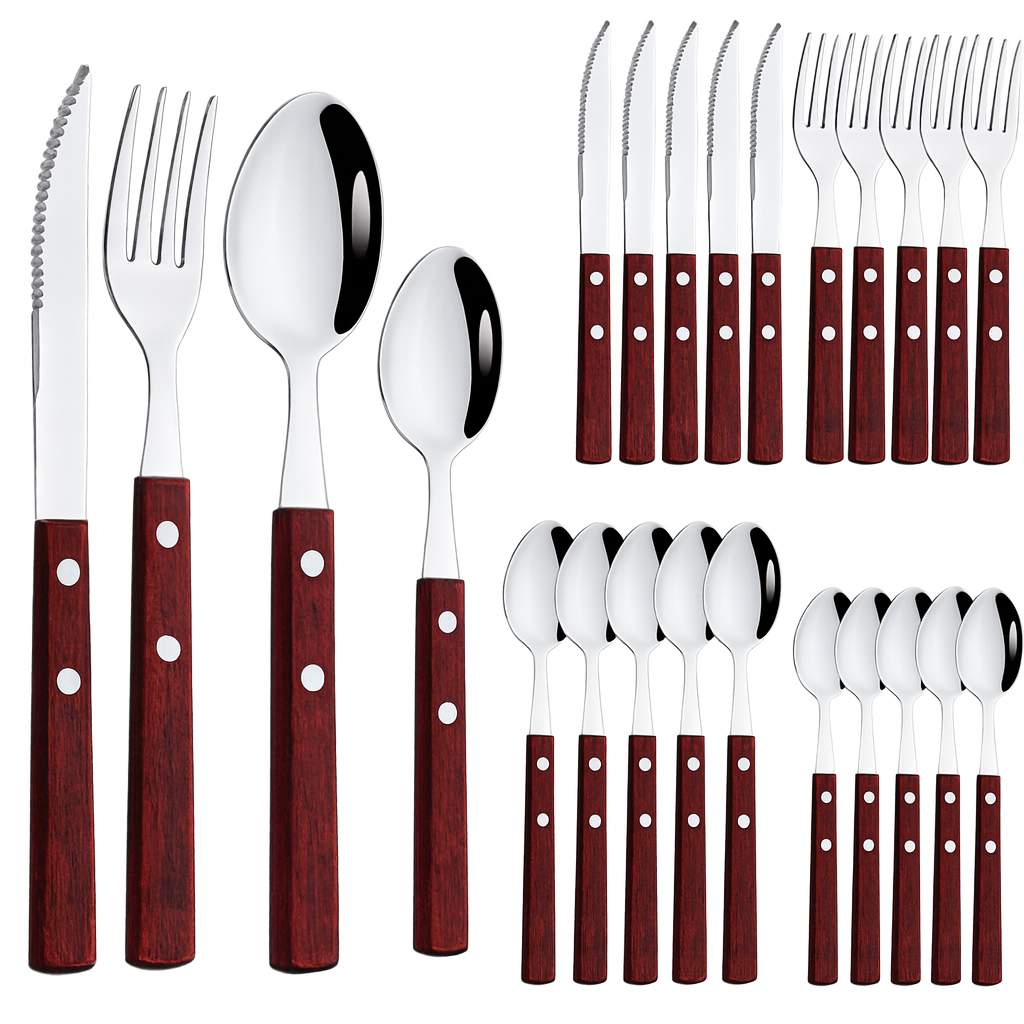 Exquisite Wooden Handle Stainless Steel Cutlery Set - 24Pcs