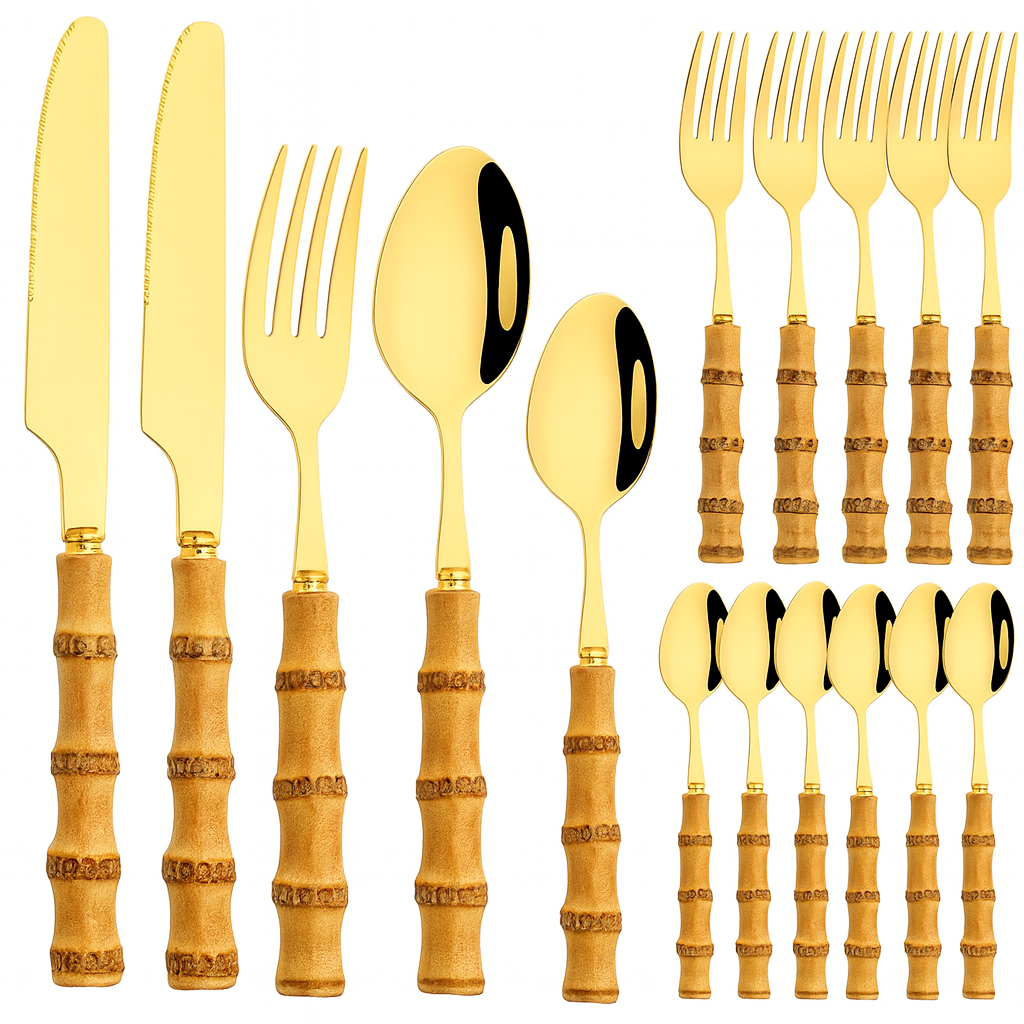 Elegant Bamboo Handle Stainless Steel Cutlery Set - 20Pcs