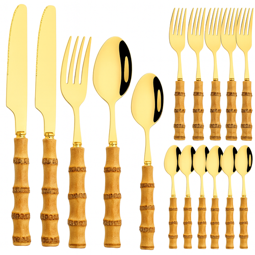 Elegant Bamboo Handle Stainless Steel Cutlery Set - 20Pcs