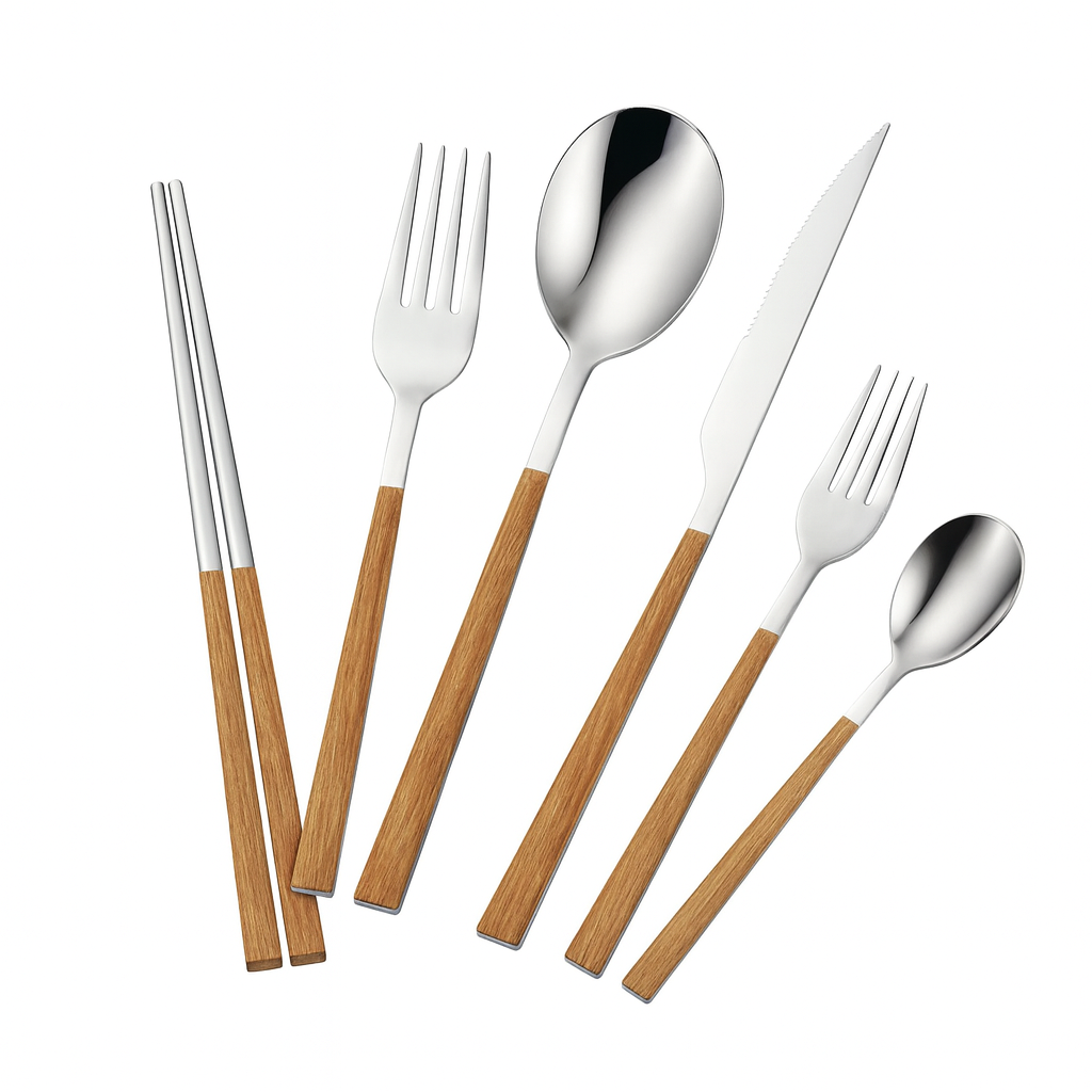 Elegant Stainless Steel Cutlery Set with Wooden Handles