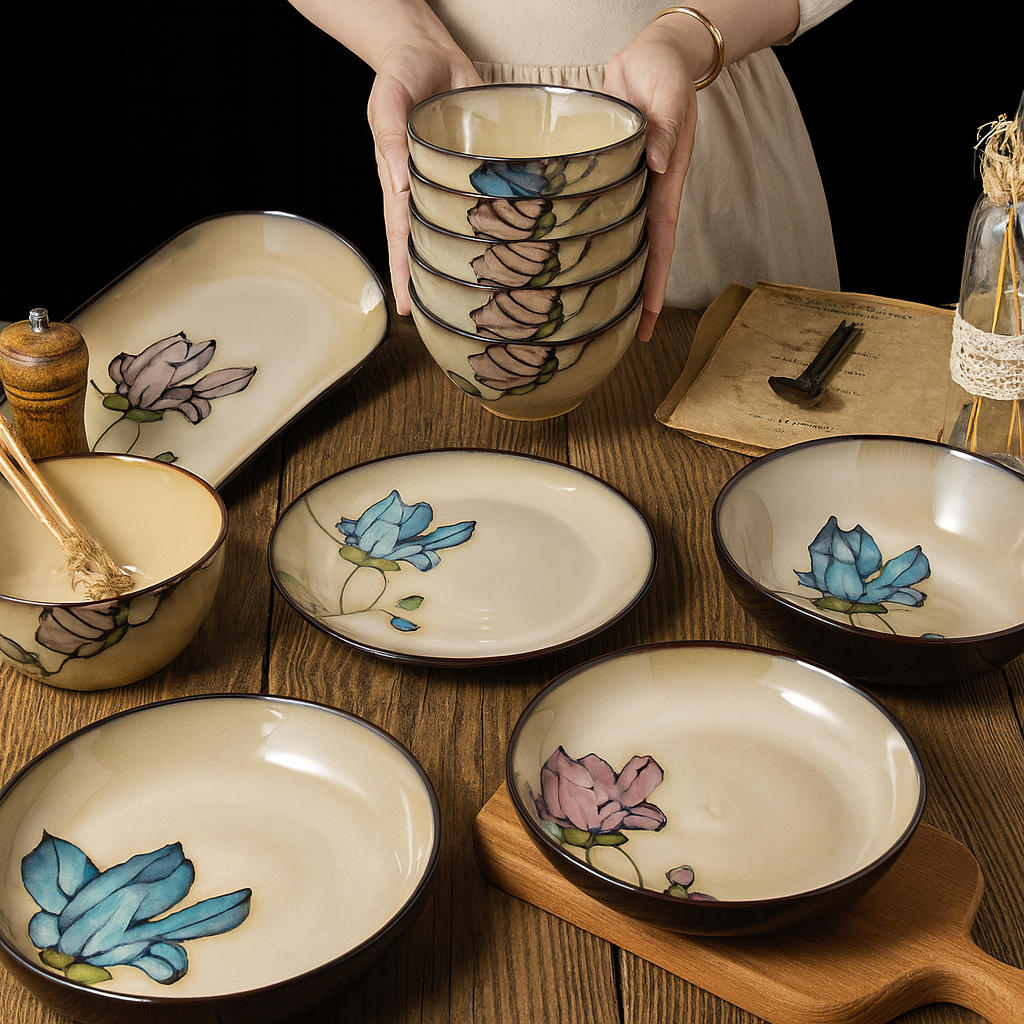 Exquisite Hand-Painted Ceramic Floral Dish Set