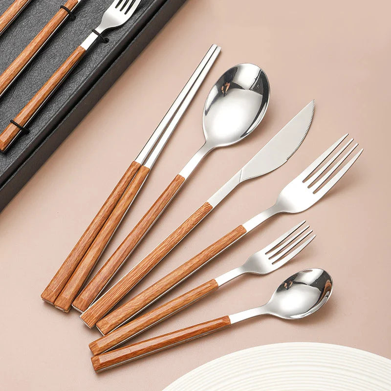 Elegant Stainless Steel Cutlery Set with Wooden Handles