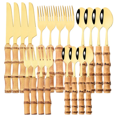Elegant Bamboo Handle Stainless Steel Cutlery Set - 20Pcs