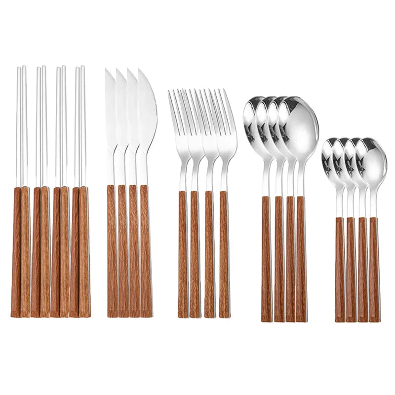 Elegant Stainless Steel Cutlery Set with Wooden Handles