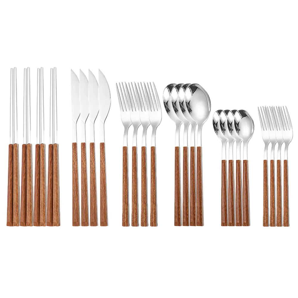 Elegant Stainless Steel Cutlery Set with Wooden Handles