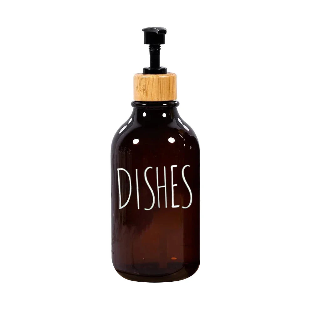 Elegant Amber Soap Dispenser Set with Bamboo Accents