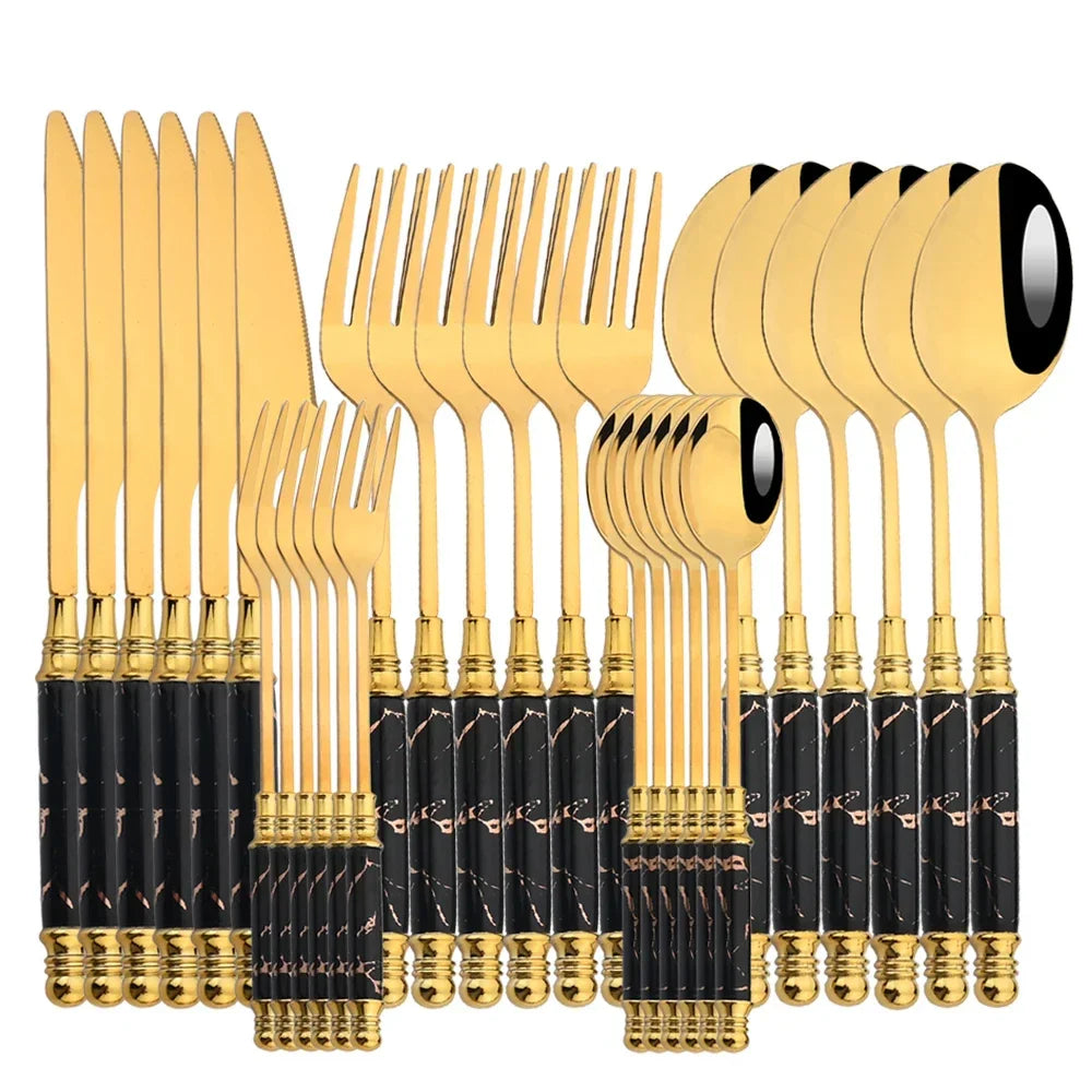 Elegant Gold Stainless Steel Cutlery Set - 30Pcs Ceramic Handle