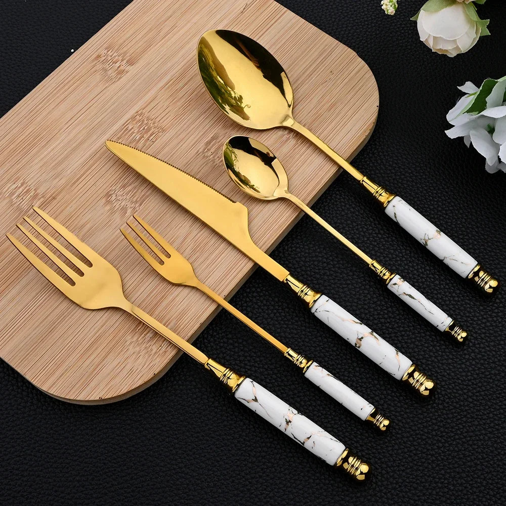 Elegant Gold Stainless Steel Cutlery Set - 30Pcs Ceramic Handle