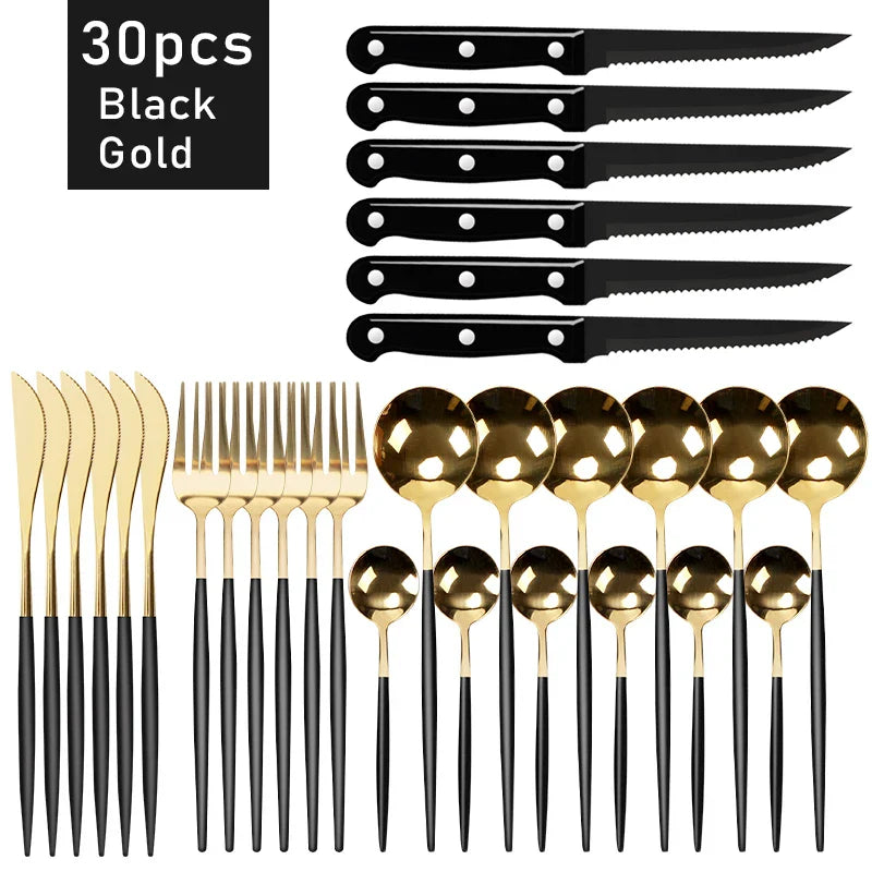 Elegant Black Stainless Steel Dinnerware Set - 30pcs