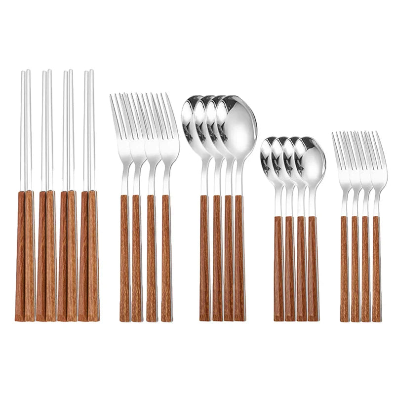 Elegant Stainless Steel Cutlery Set with Wooden Handles