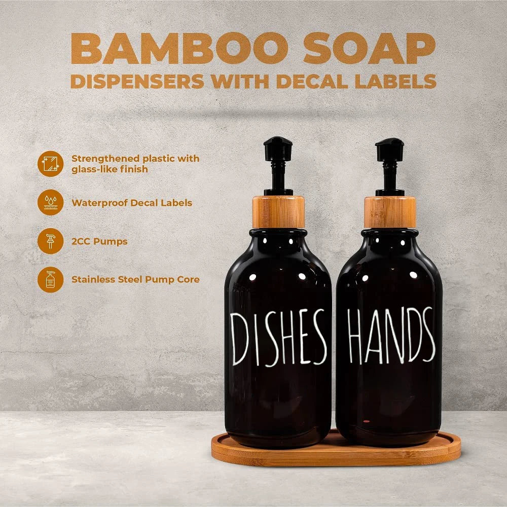 Elegant Amber Soap Dispenser Set with Bamboo Accents