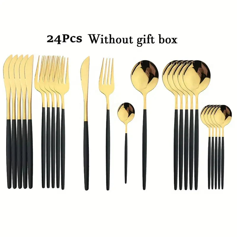 Luxurious Black & Gold Cutlery Set - 24pcs Gift Box