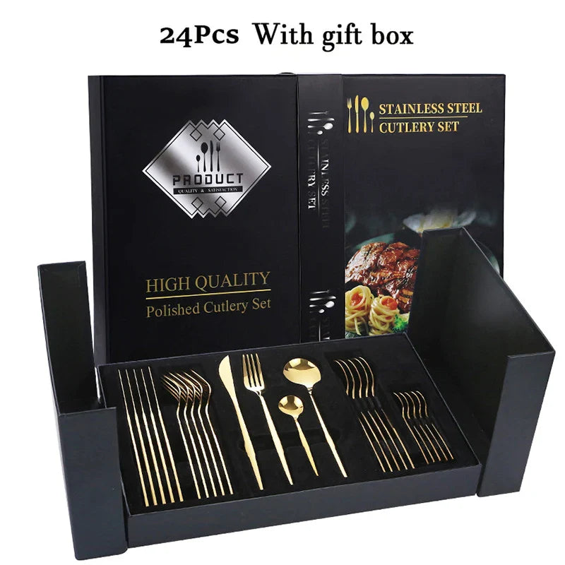 Luxurious Black & Gold Cutlery Set - 24pcs Gift Box