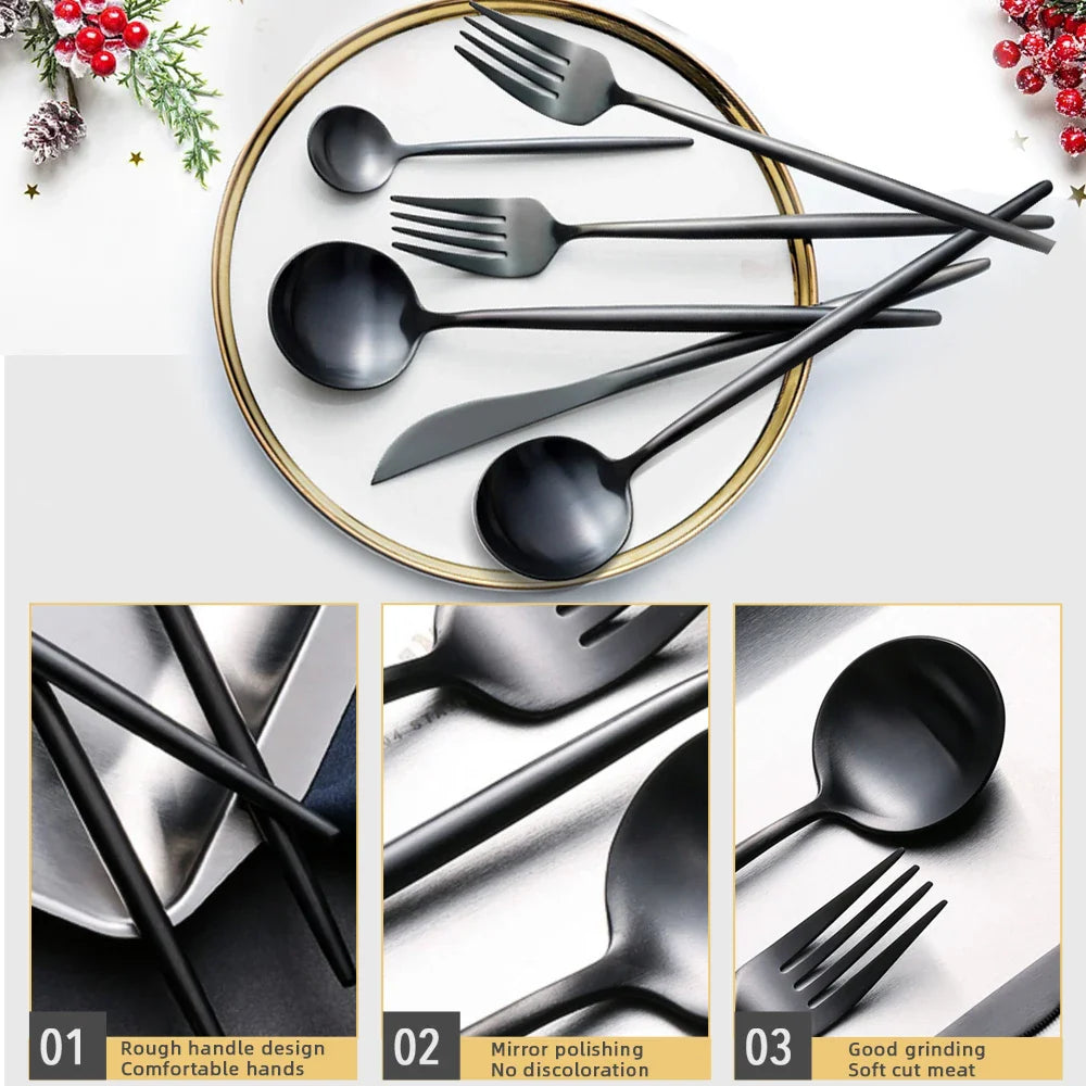 Elegant Black Stainless Steel Dinnerware Set - 30pcs