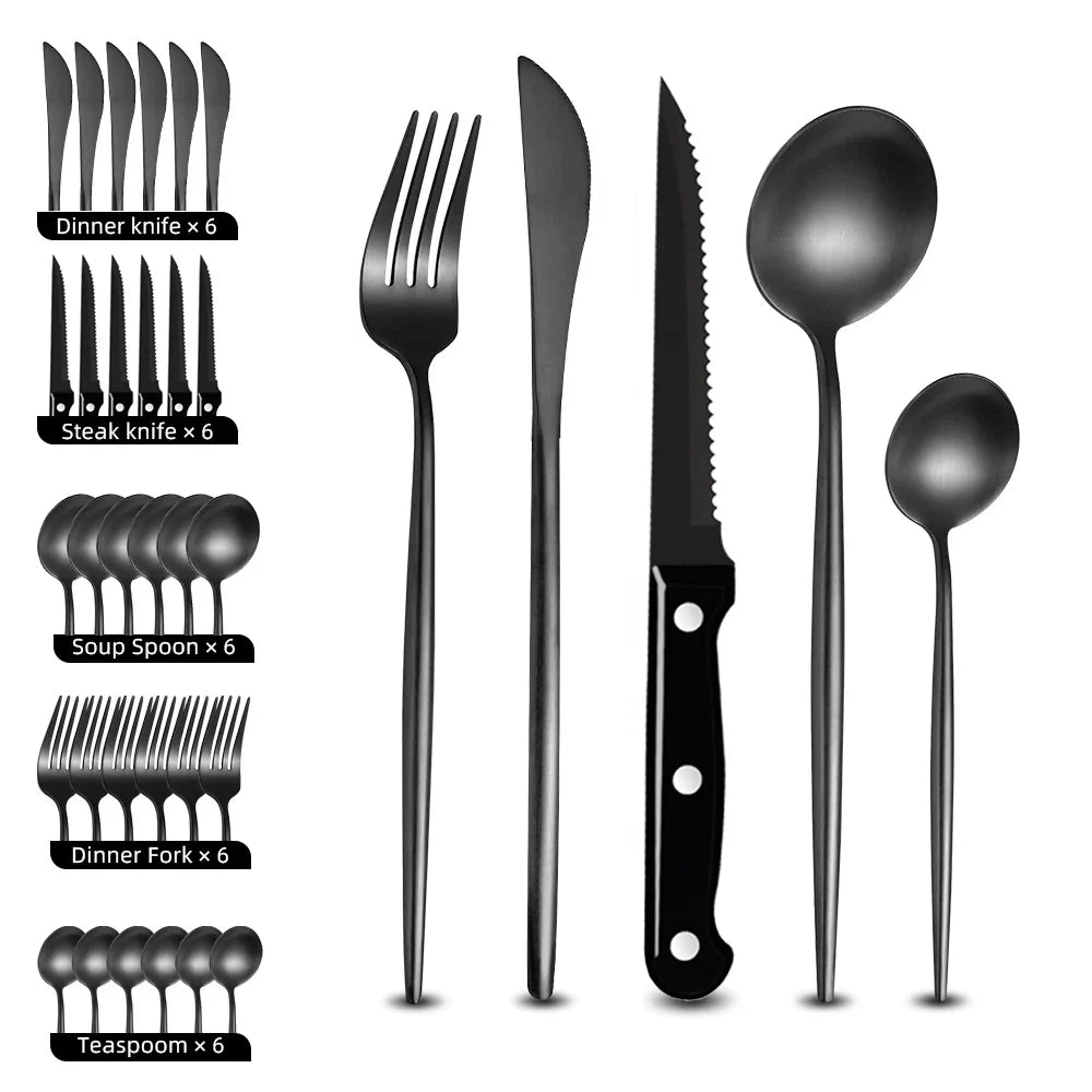 Elegant Black Stainless Steel Dinnerware Set - 30pcs