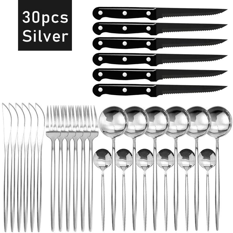 Elegant Black Stainless Steel Dinnerware Set - 30pcs