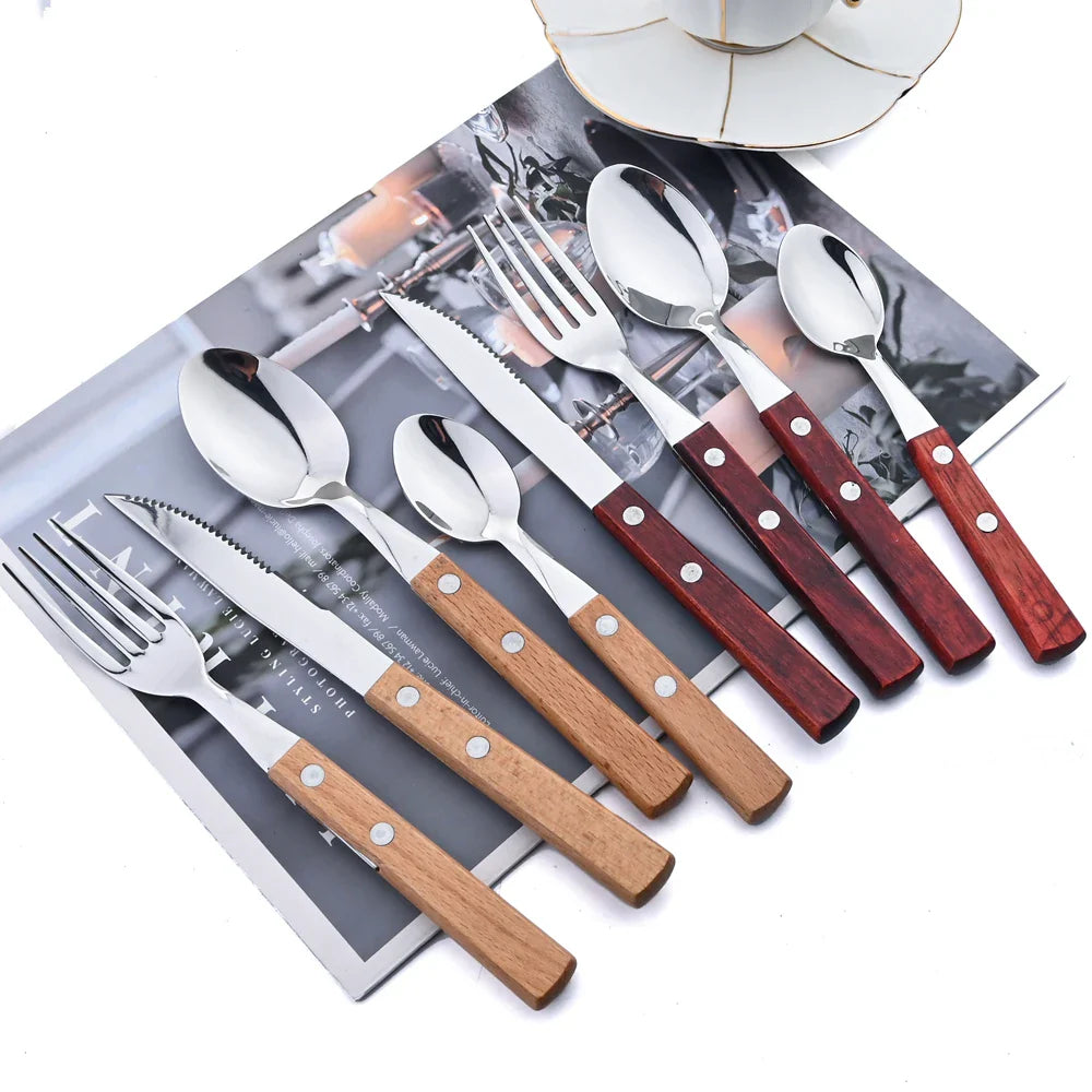 Exquisite Wooden Handle Stainless Steel Cutlery Set - 24Pcs