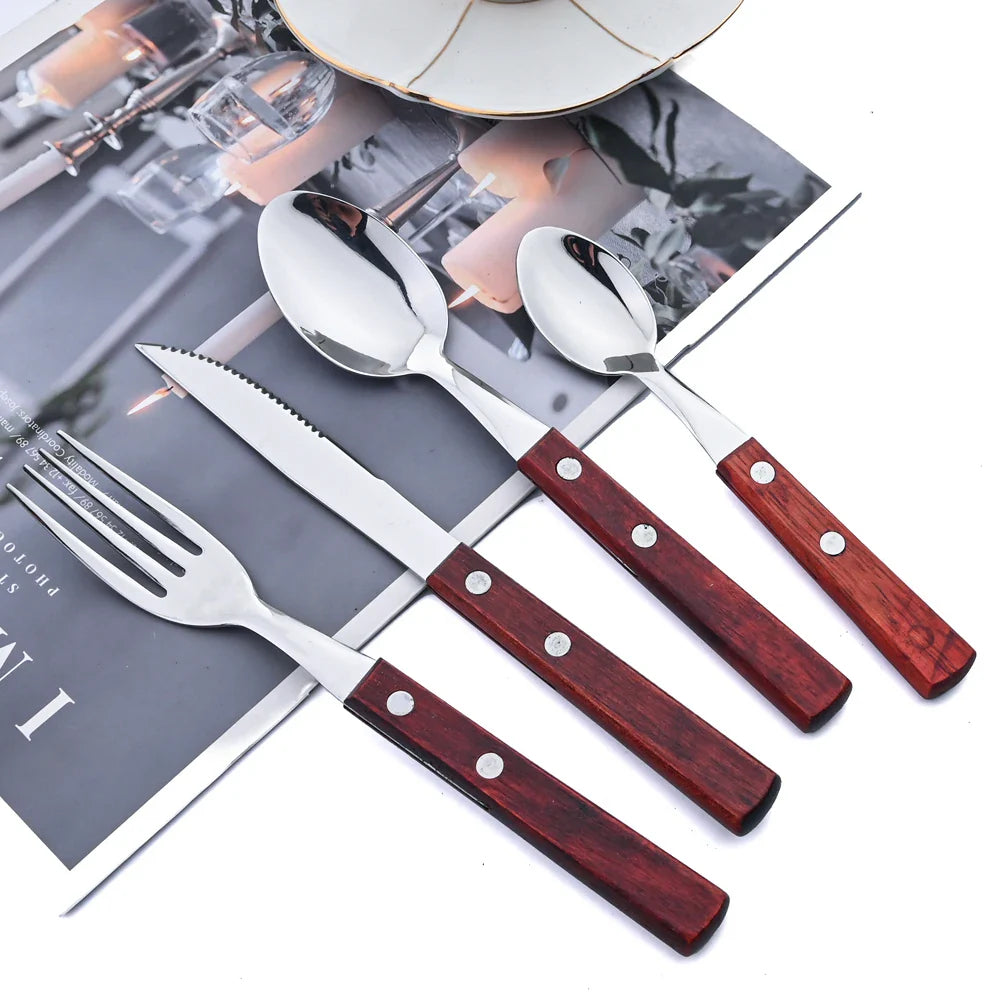 Exquisite Wooden Handle Stainless Steel Cutlery Set - 24Pcs