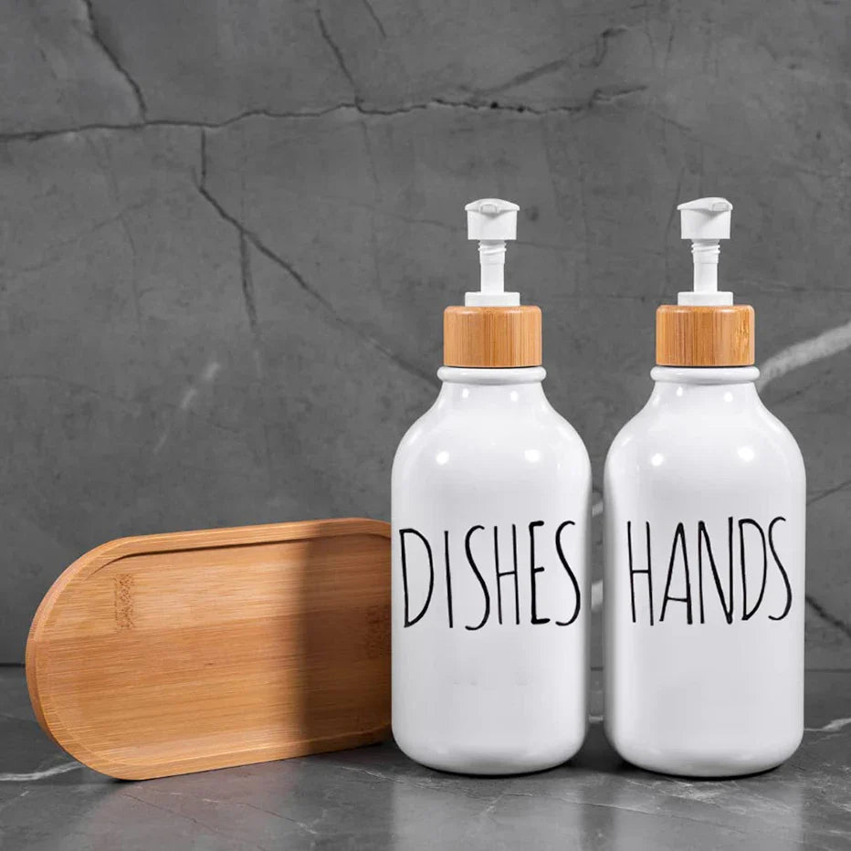 Elegant Amber Soap Dispenser Set with Bamboo Accents