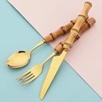 Elegant Bamboo Handle Stainless Steel Cutlery Set - 20Pcs