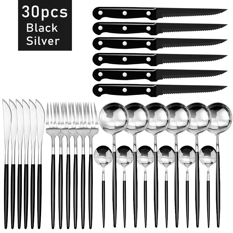 Elegant Black Stainless Steel Dinnerware Set - 30pcs