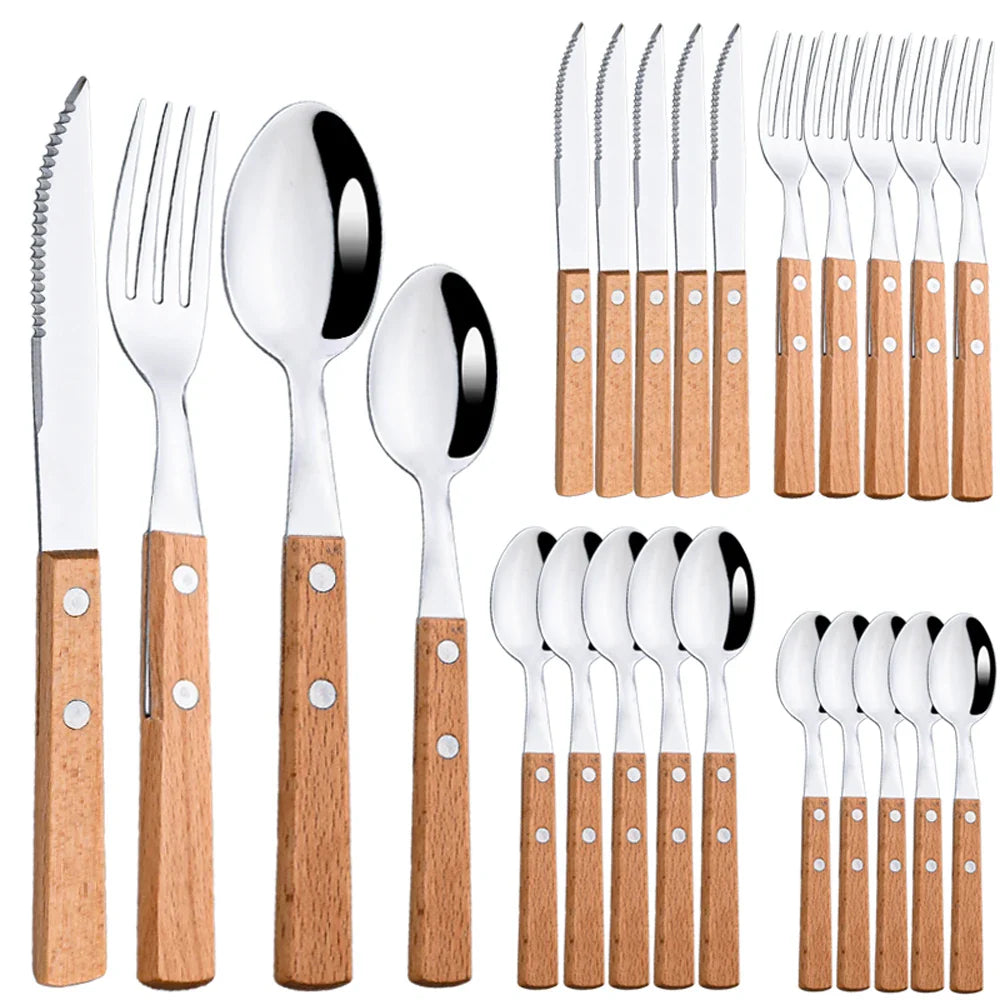 Exquisite Wooden Handle Stainless Steel Cutlery Set - 24Pcs
