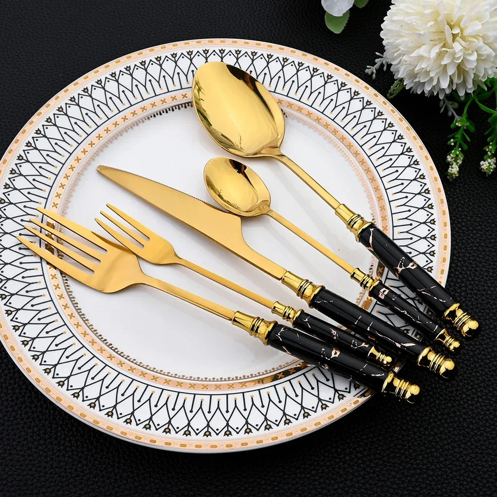 Elegant Gold Stainless Steel Cutlery Set - 30Pcs Ceramic Handle