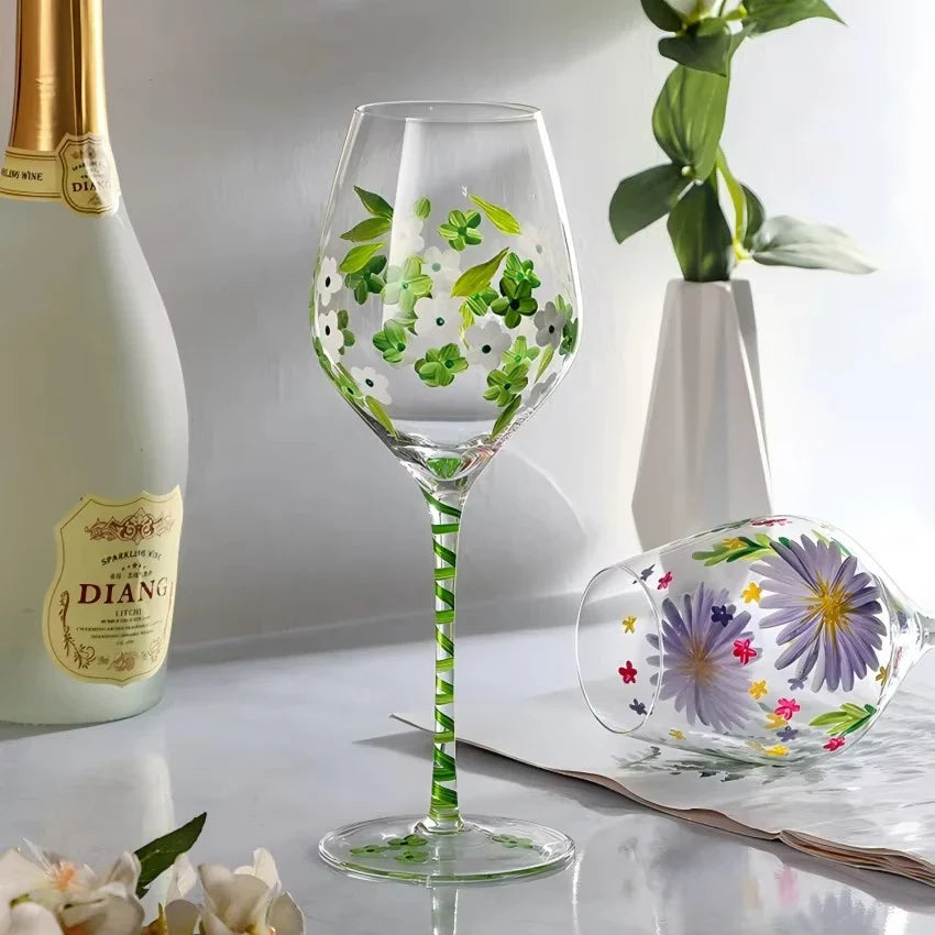 Exquisite Hand-Painted Floral Wine Goblet