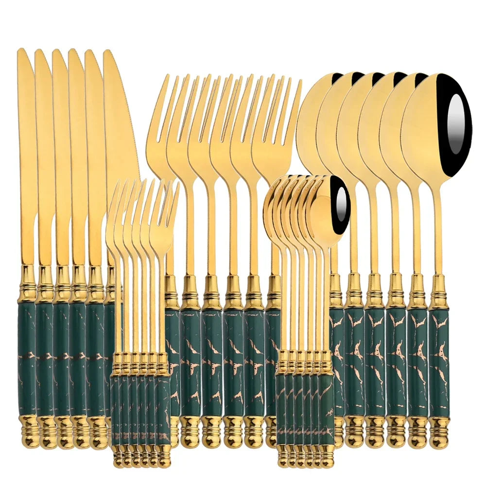 Elegant Gold Stainless Steel Cutlery Set - 30Pcs Ceramic Handle