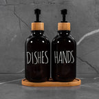 Elegant Amber Soap Dispenser Set with Bamboo Accents