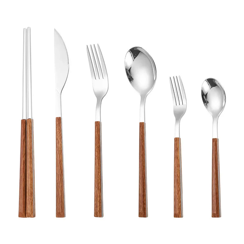Elegant Stainless Steel Cutlery Set with Wooden Handles