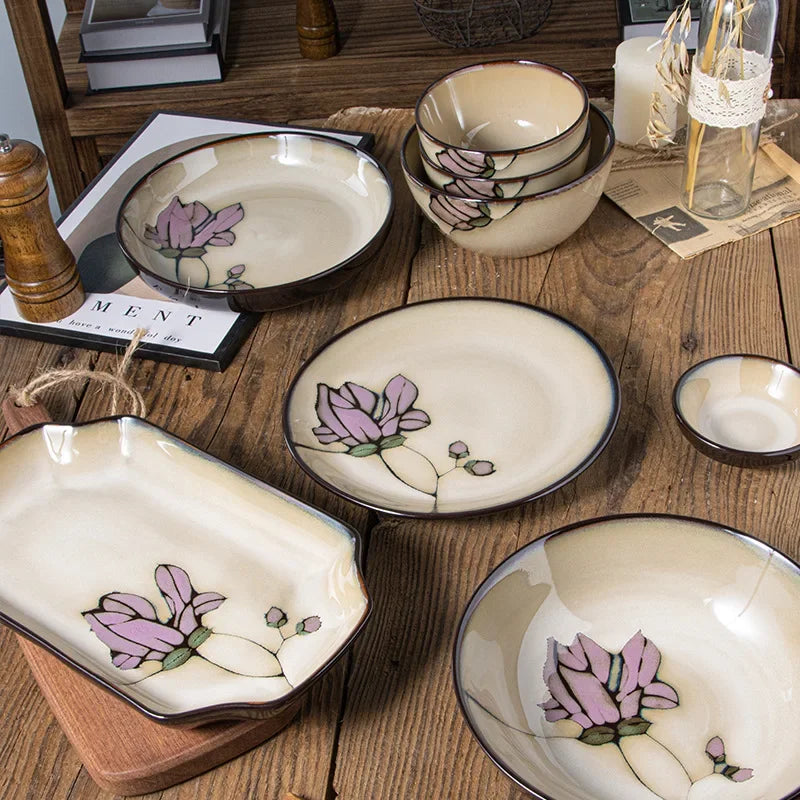 Exquisite Hand-Painted Ceramic Floral Dish Set
