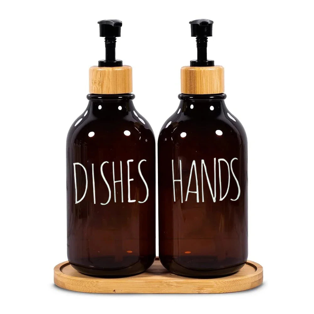 Elegant Amber Soap Dispenser Set with Bamboo Accents