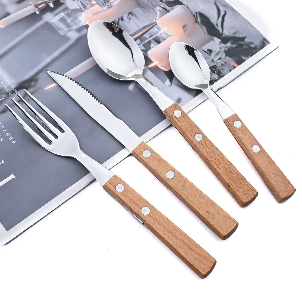 Exquisite Wooden Handle Stainless Steel Cutlery Set - 24Pcs