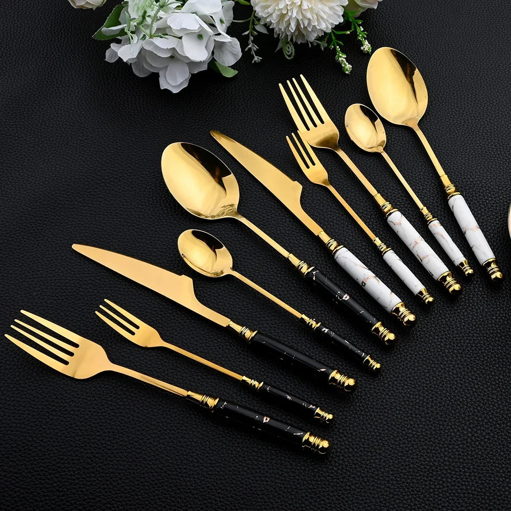 Elegant Gold Stainless Steel Cutlery Set - 30Pcs Ceramic Handle