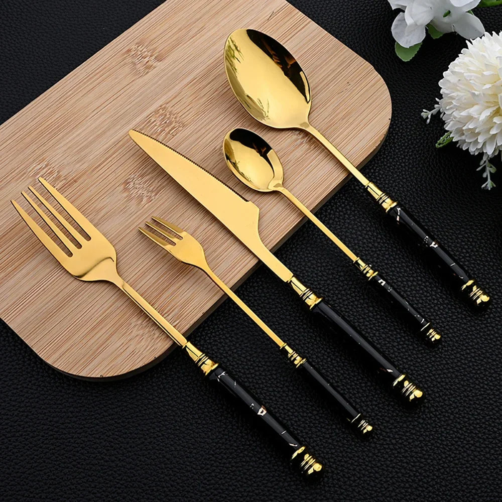 Elegant Gold Stainless Steel Cutlery Set - 30Pcs Ceramic Handle