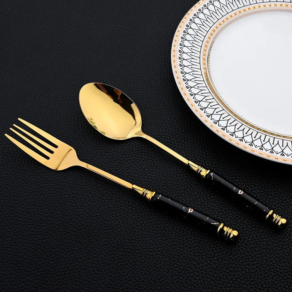 Elegant Gold Stainless Steel Cutlery Set - 30Pcs Ceramic Handle
