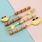 Elegant Bamboo Handle Stainless Steel Cutlery Set - 20Pcs