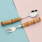 Elegant Bamboo Handle Stainless Steel Cutlery Set - 20Pcs