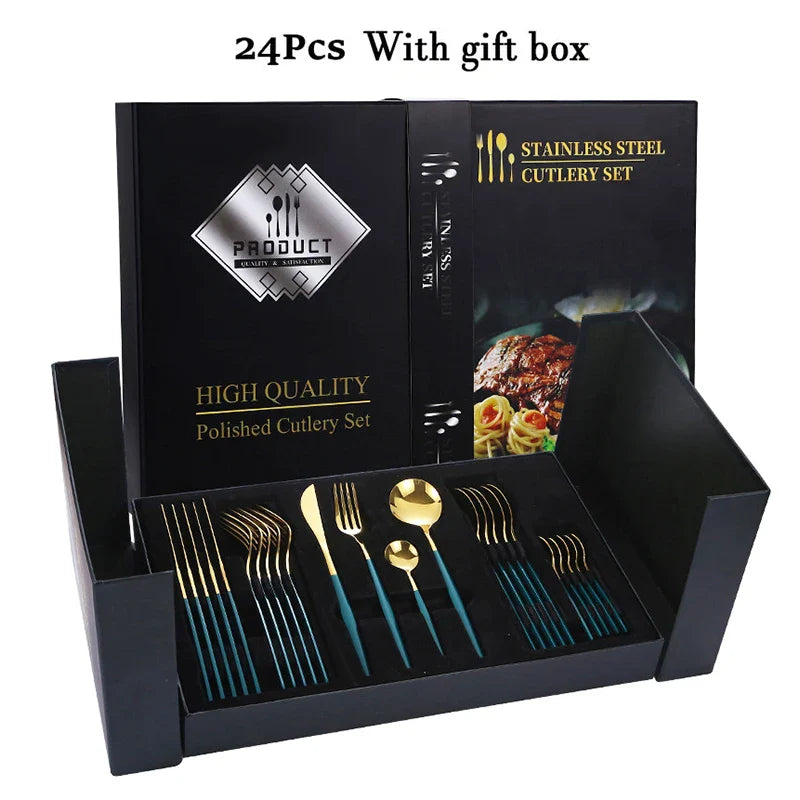 Luxurious Black & Gold Cutlery Set - 24pcs Gift Box