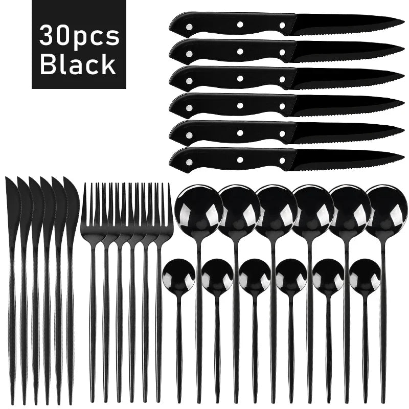 Elegant Black Stainless Steel Dinnerware Set - 30pcs