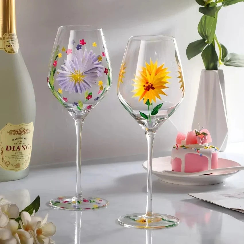 Exquisite Hand-Painted Floral Wine Goblet