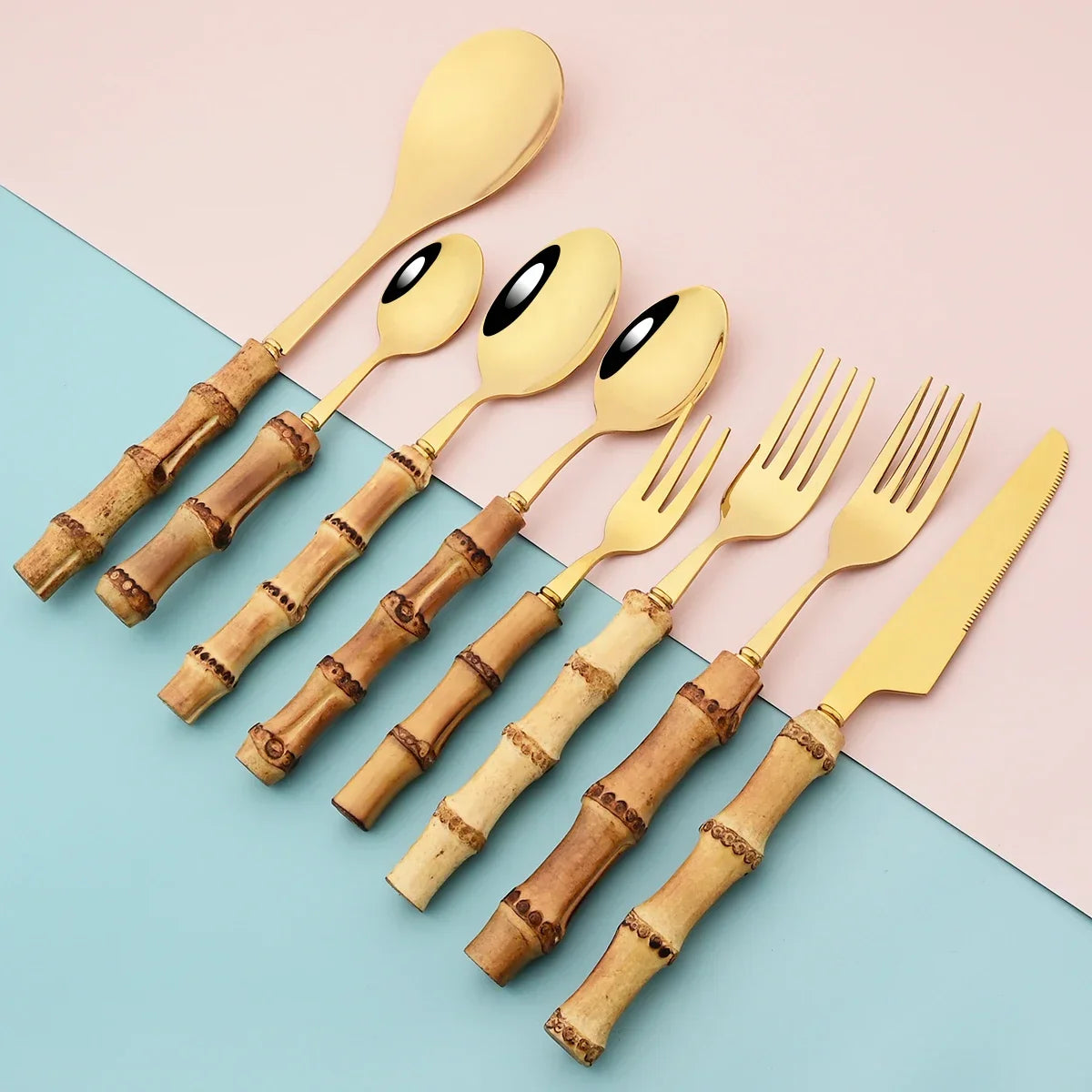 Elegant Bamboo Handle Stainless Steel Cutlery Set - 20Pcs